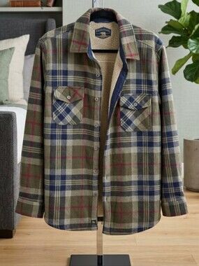 Men's Flannel Green Shirt Jacket in Gelston Plaid- Size L